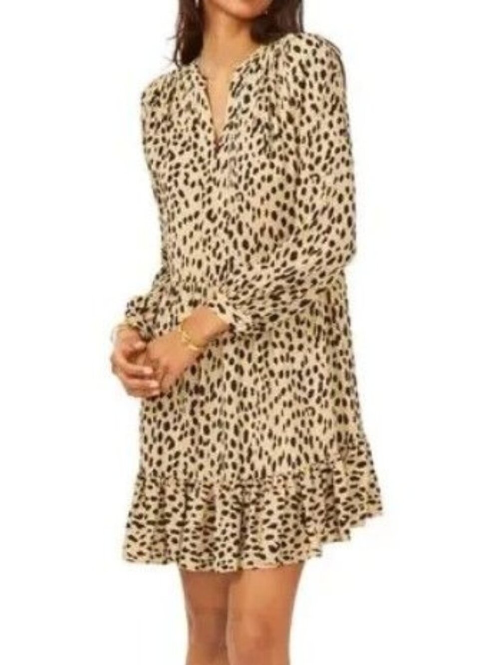 Vince Camuto Leopard Print Long Sleeve Tiered Dress NWT Size M Khaki Haze